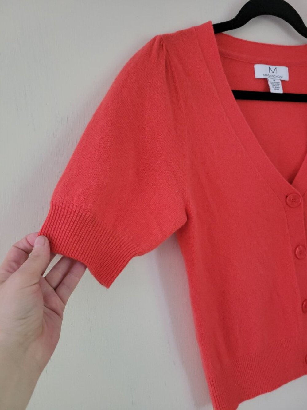 Magaschoni 100% Cashmere V-Neck Button Cardigan Coral Orange Short Sleeve M - Picture 5 of 9